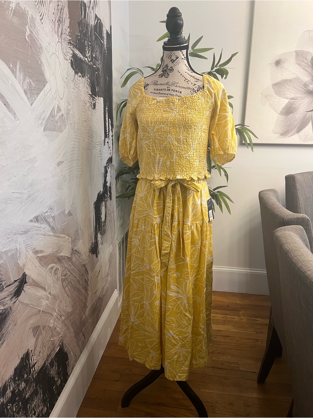 Universal Thread Yellow Floral Smocked Maxi 2 Piece Set with Puff Sleeves